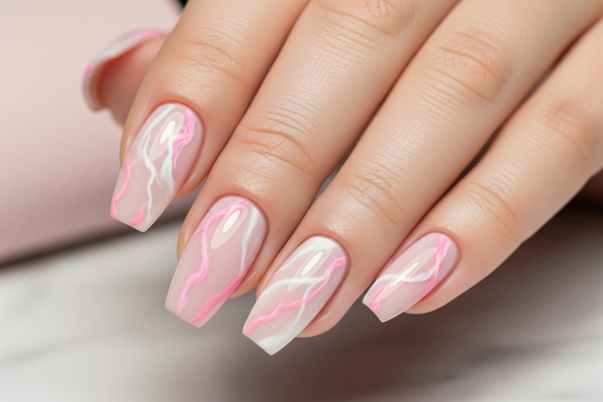 Ongle Effet Marbre Rose