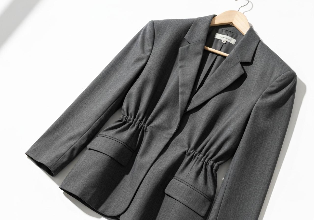 Blazer oversize cintré posé sur cintre en bois, fond épuré