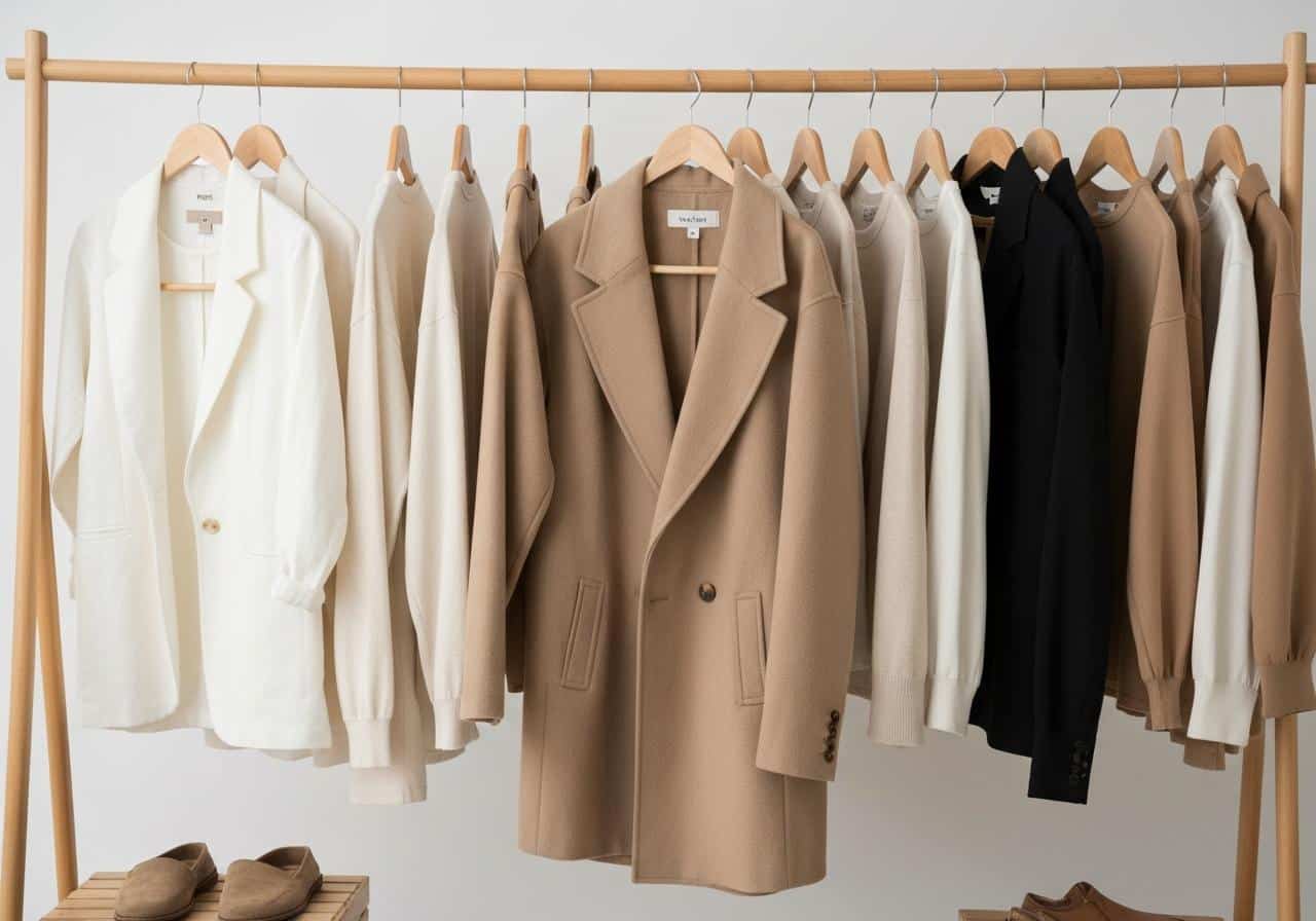 Dressing minimaliste organisé avec peu de vêtements neutres suspendus