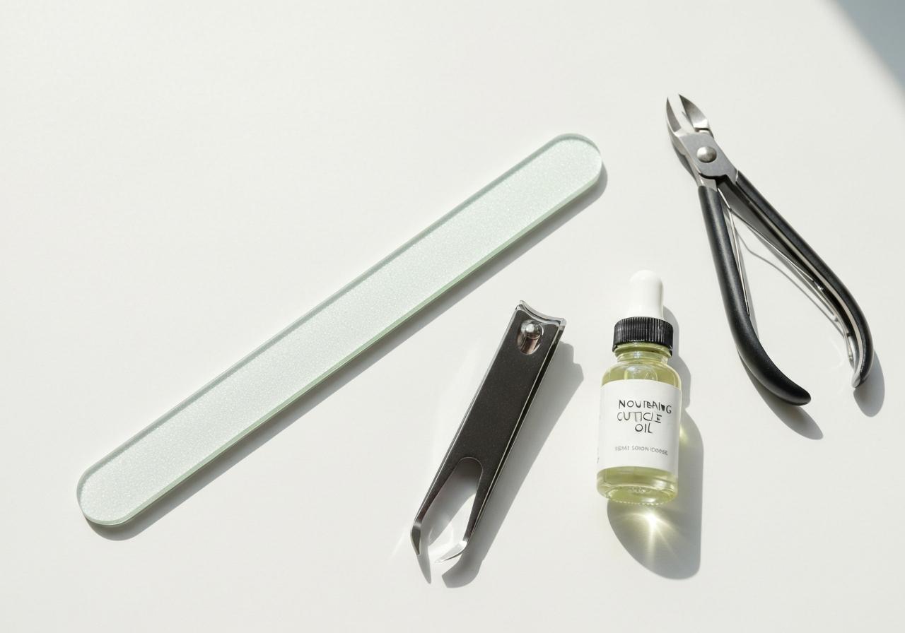 Lime à ongles et outils de manucure posés sur surface blanche