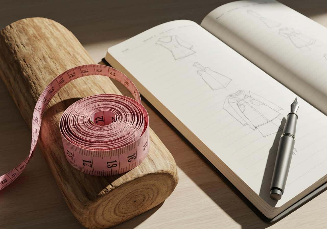 Mètre ruban souple posé sur surface en bois, carnet et stylo