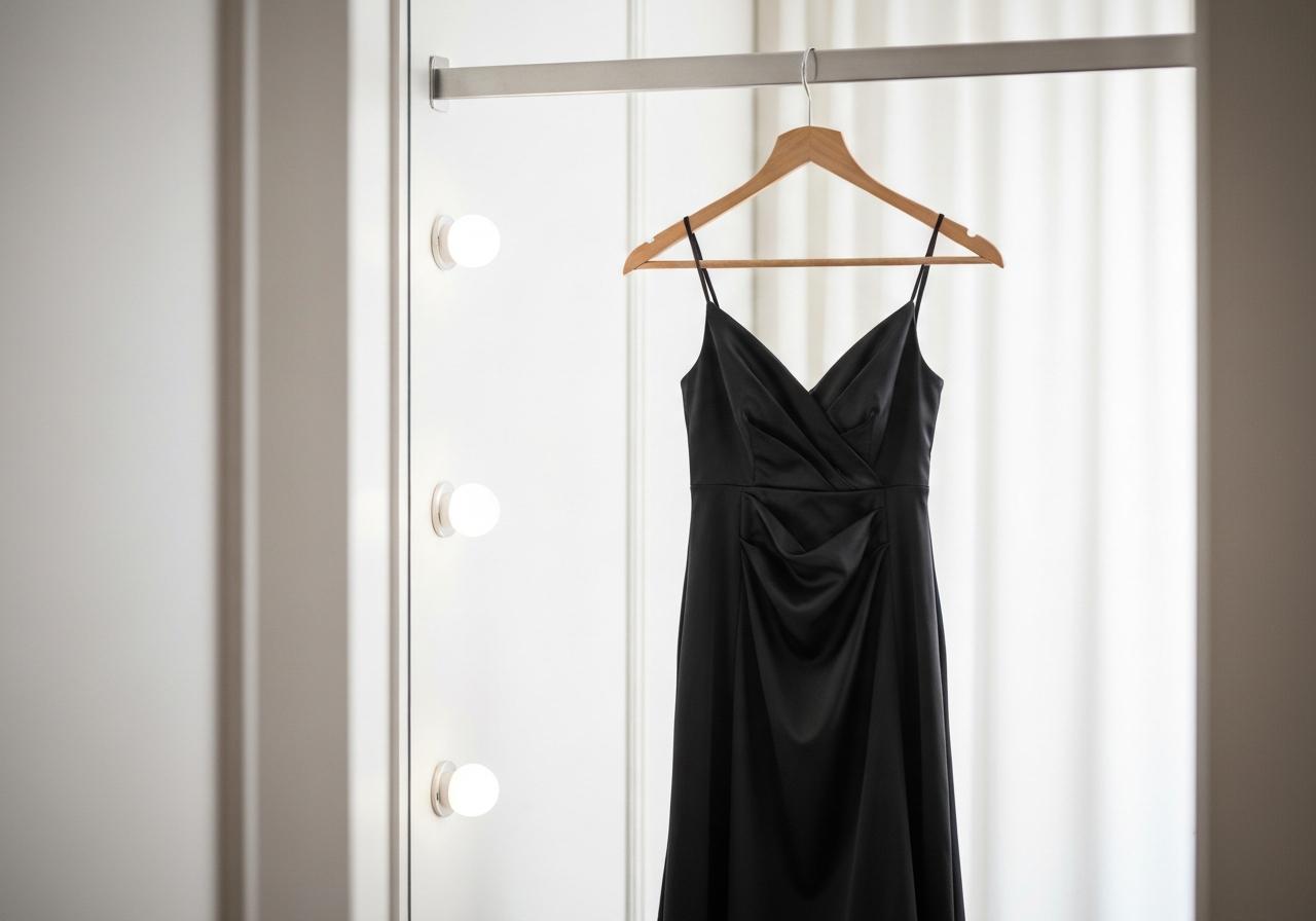 Robe fourreau noire en satin sur cintre élégant