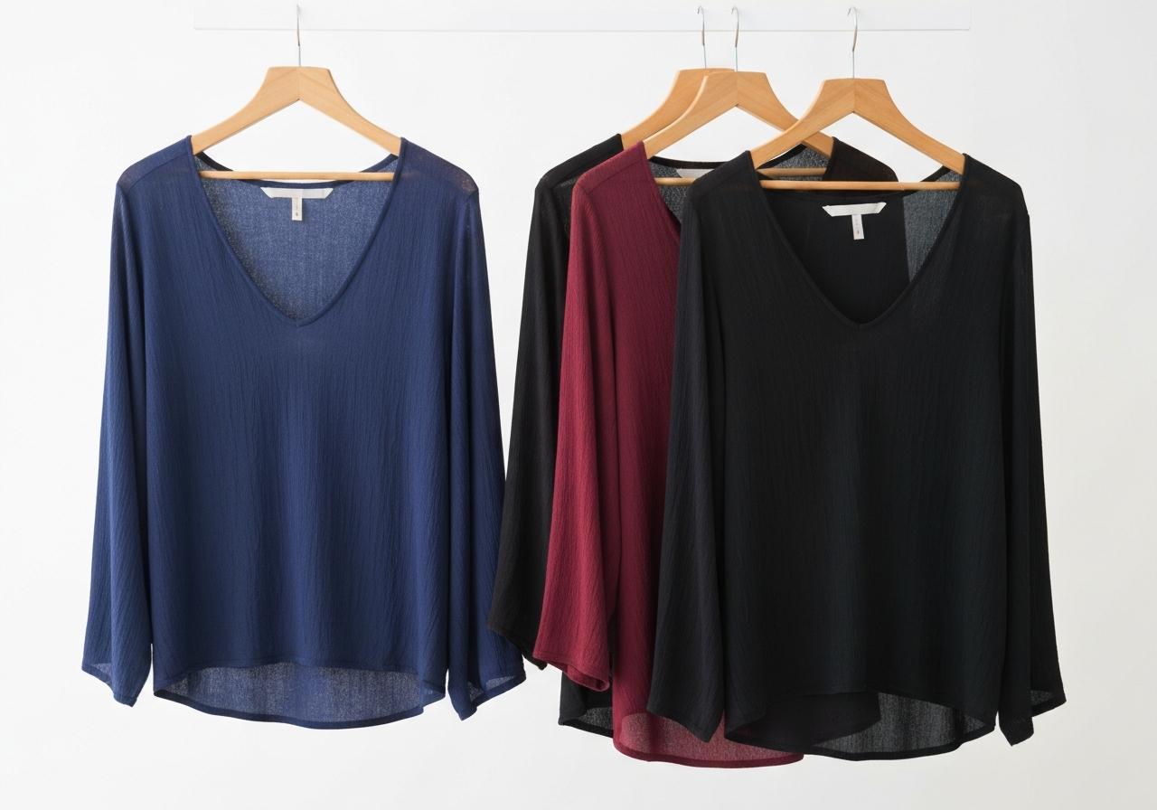 Tops fluides col en V disposés sur cintre bois