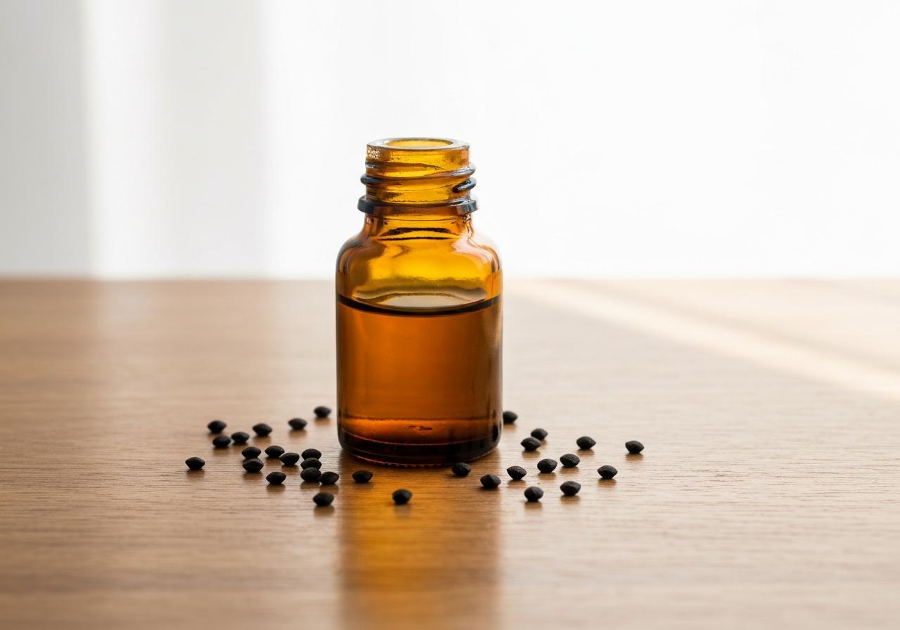 Flacon d'huile de ricin dorée sur bois naturel