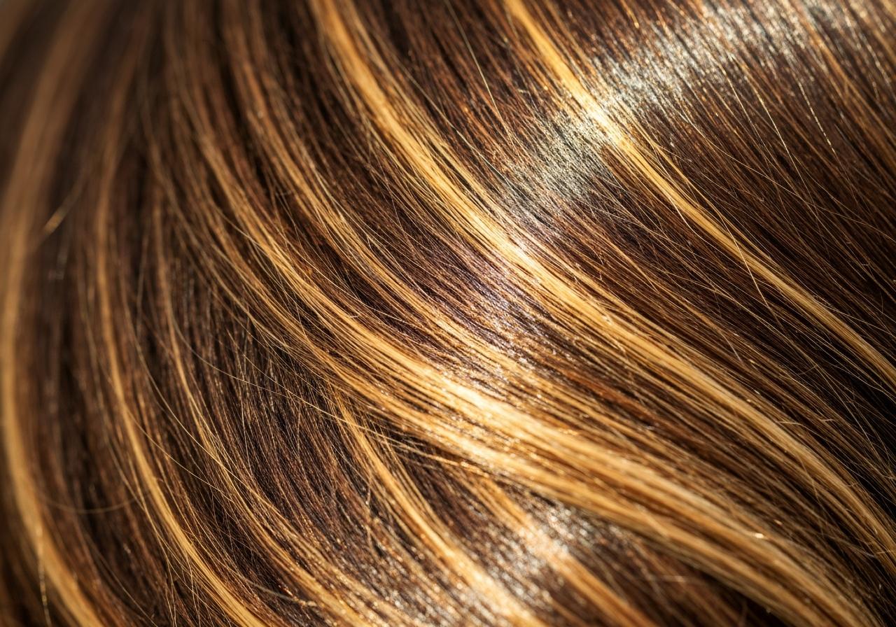 Mèches caramel et miel sur cheveux châtains, plan rapproché