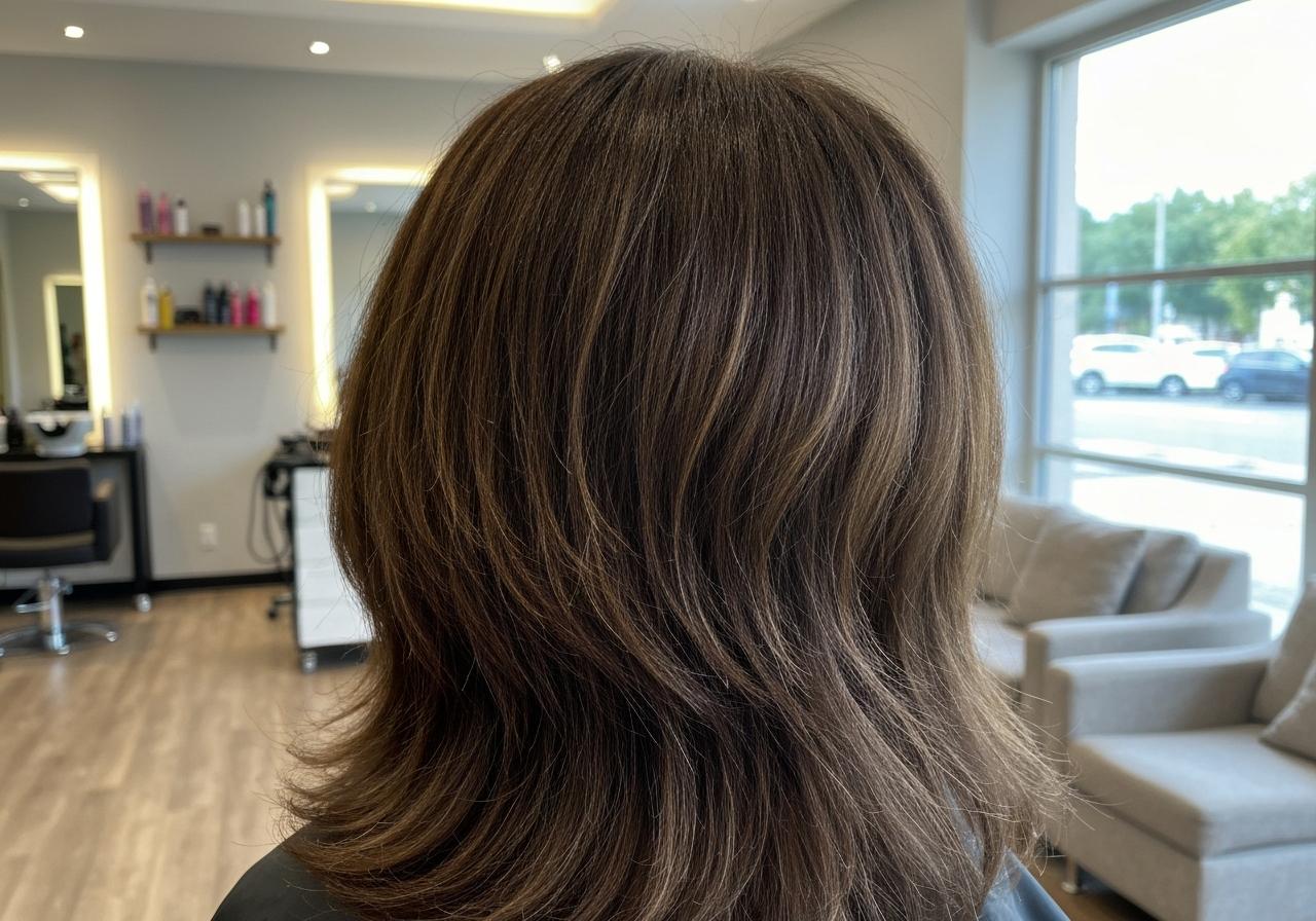 Mèches encadrantes lumineuses sur cheveux bruns, salon