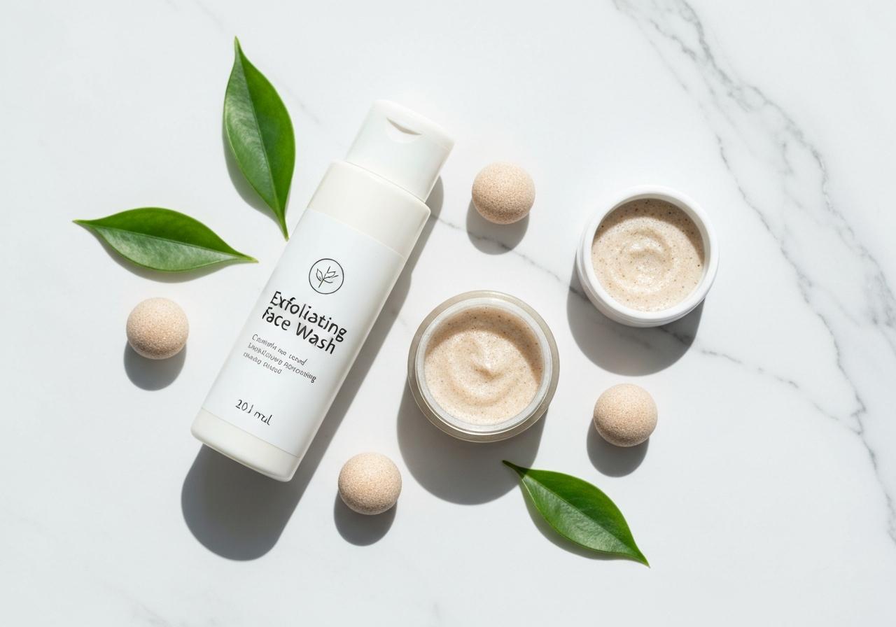 Produits d'exfoliation visage sur surface marbre blanc