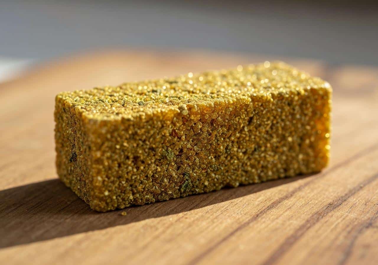 Résine CBD dorée texturée en gros plan sur surface naturelle