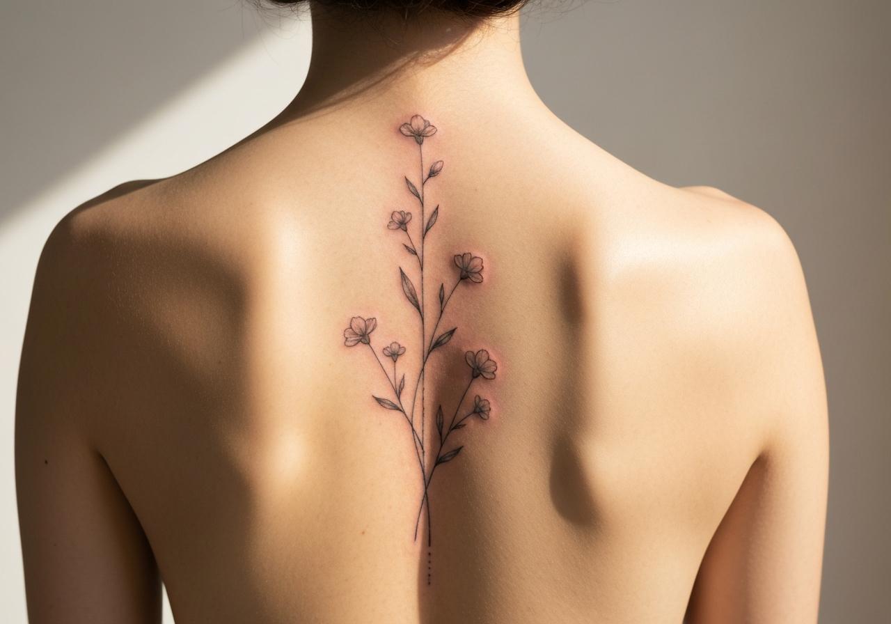 Tatouage floral vertical le long de la colonne vertébrale