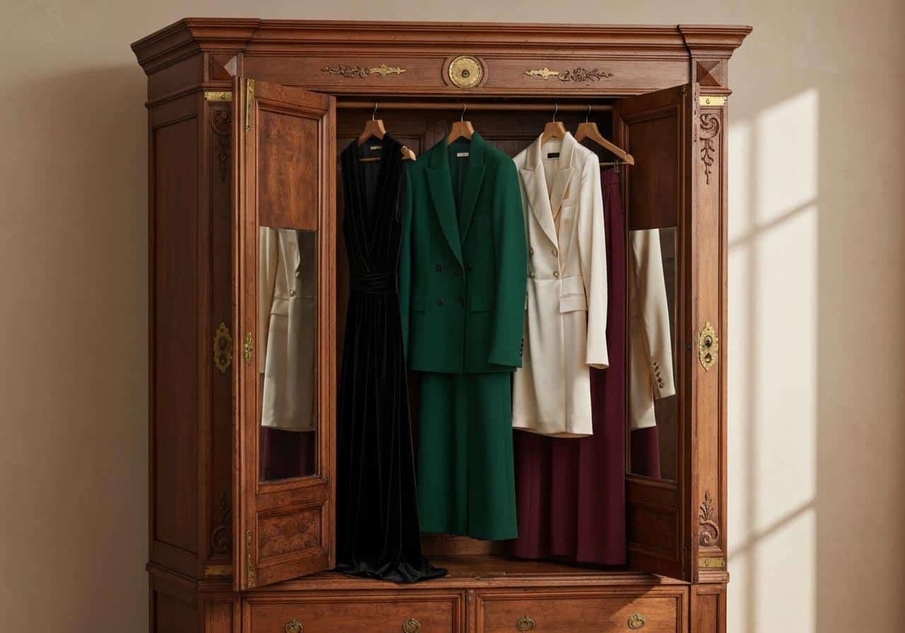 Tenues élégantes colorées suspendues sur portant en bois