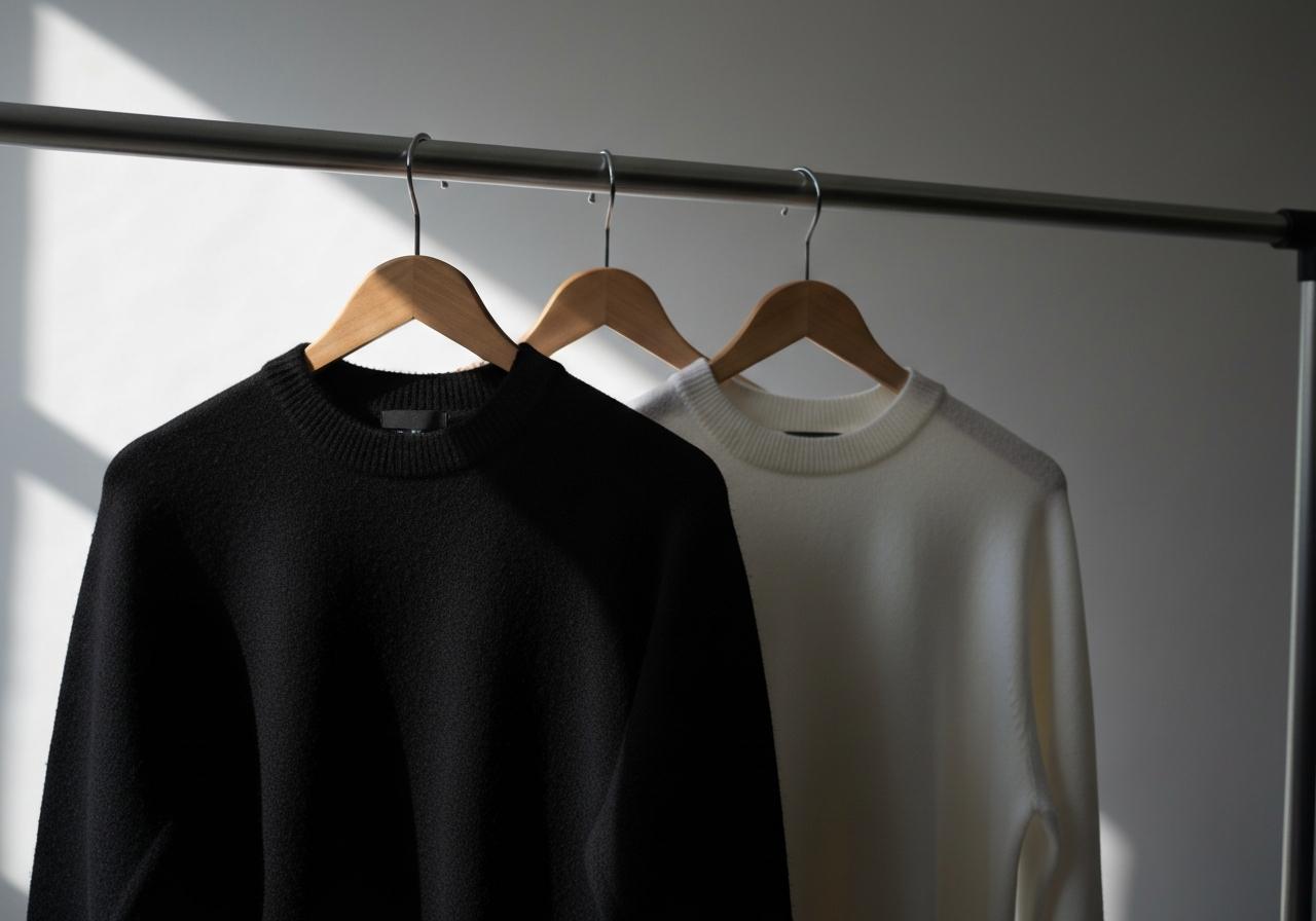 Vêtements noirs et blancs sur cintre, lumière naturelle