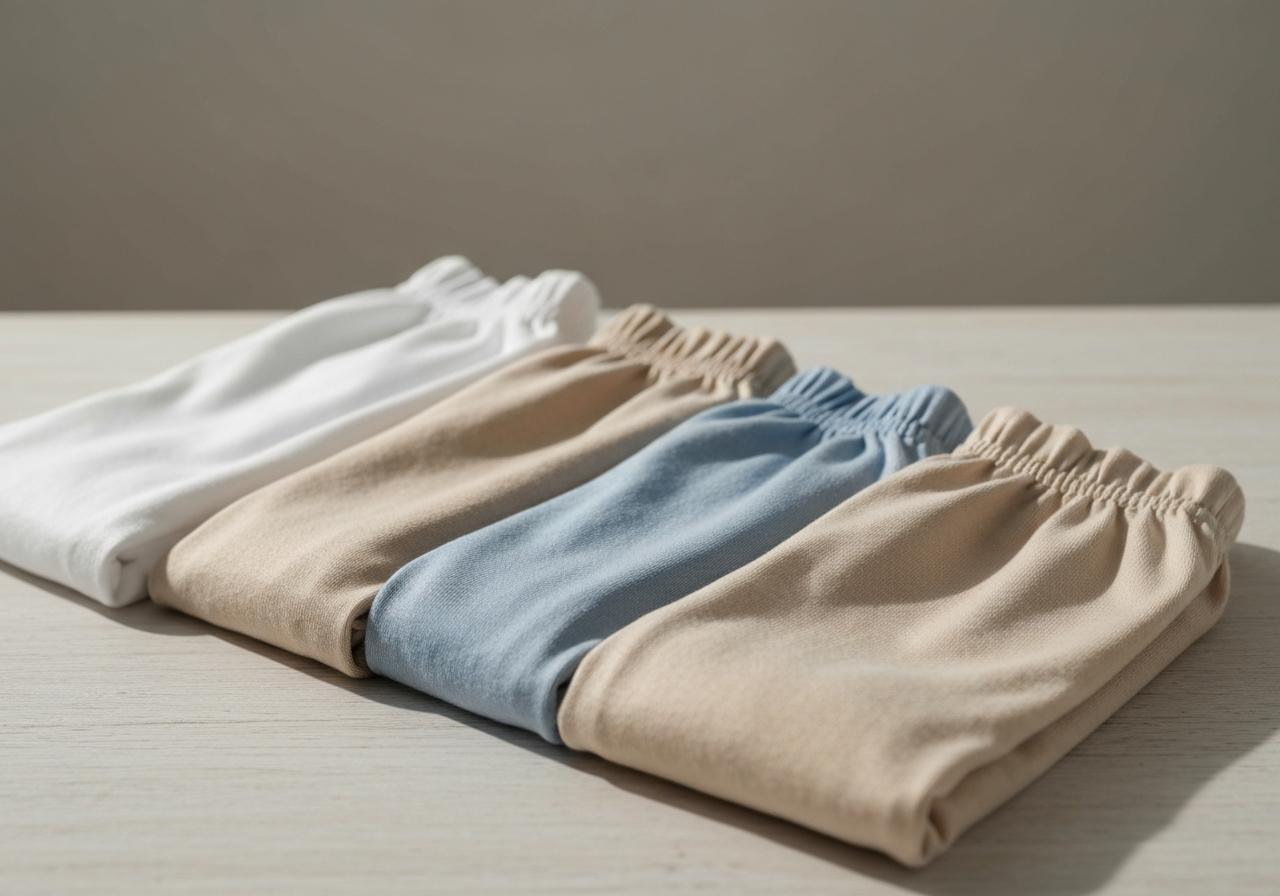 Culottes menstruelles en coton bio pliées sur surface naturelle