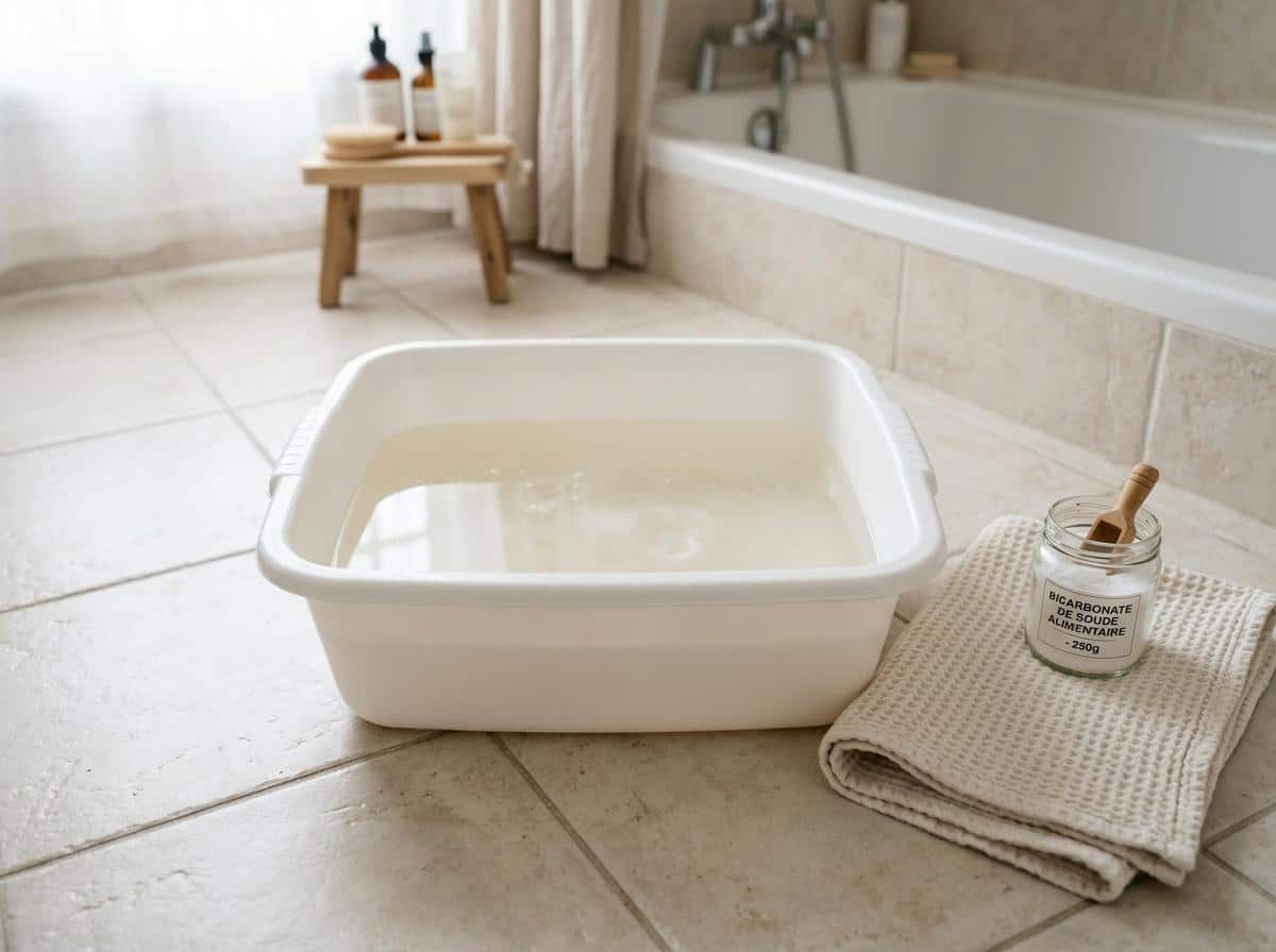 Bassine d'eau tiède avec bicarbonate dissous, bain de pieds naturel