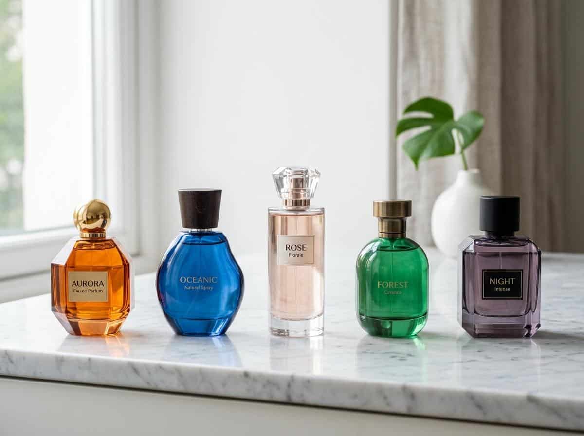 Flacons de parfum aux textures et couleurs variées