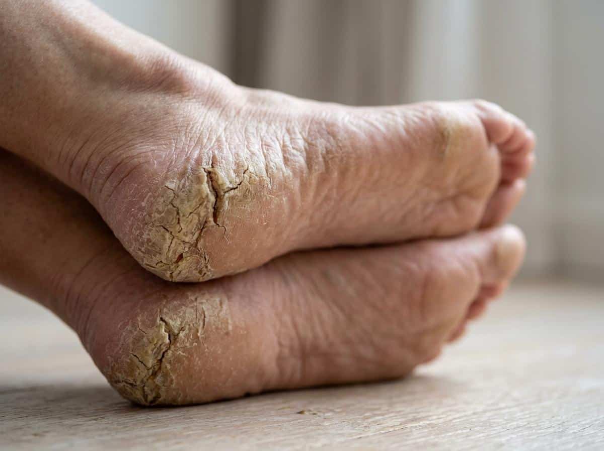 Talons secs fissurés sur fond neutre, plan rapproché