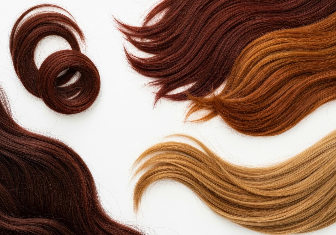 Palette de nuances auburn, acajou et broux sur mèches