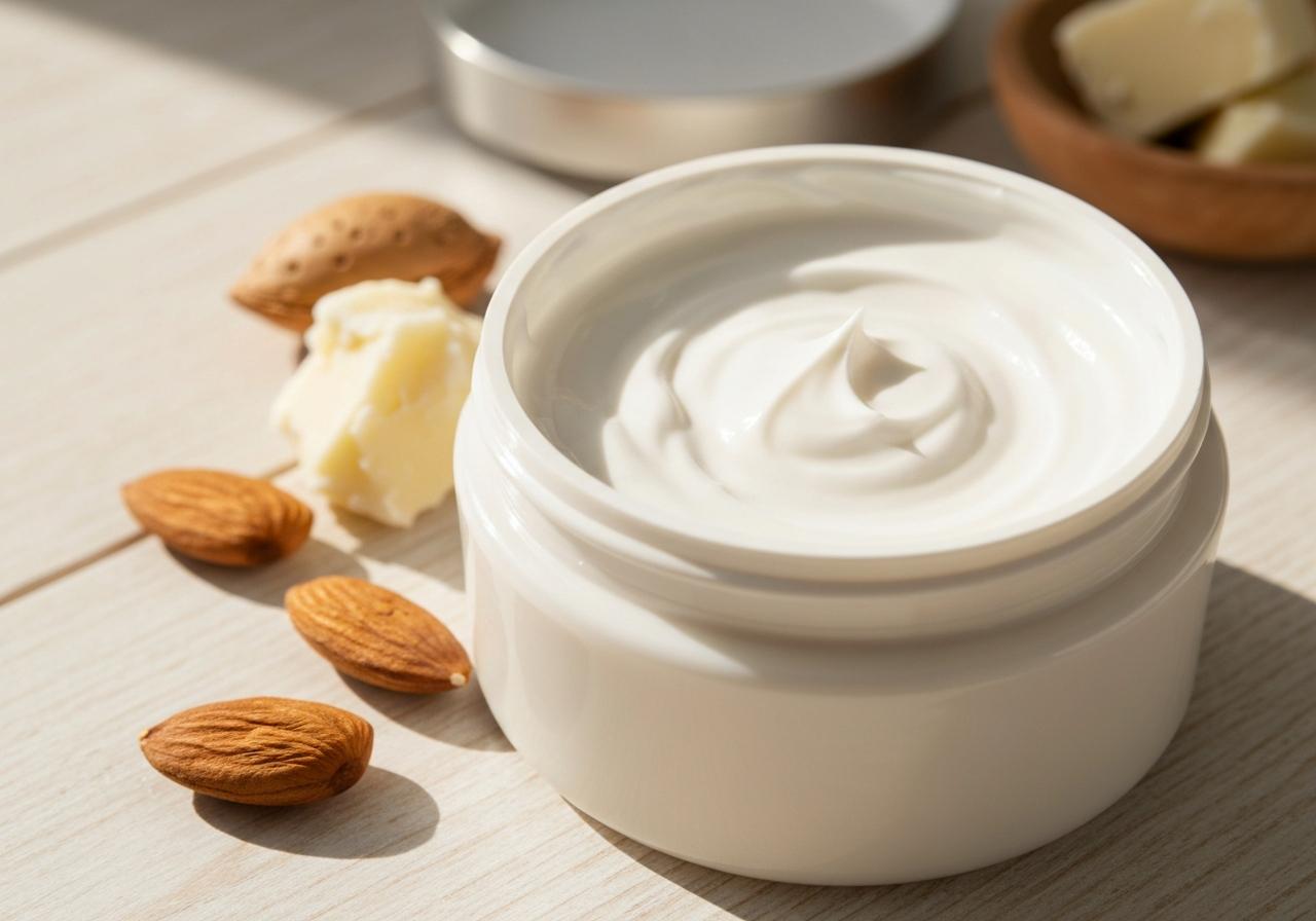 Pot de masque capillaire ouvert sur fond bois clair