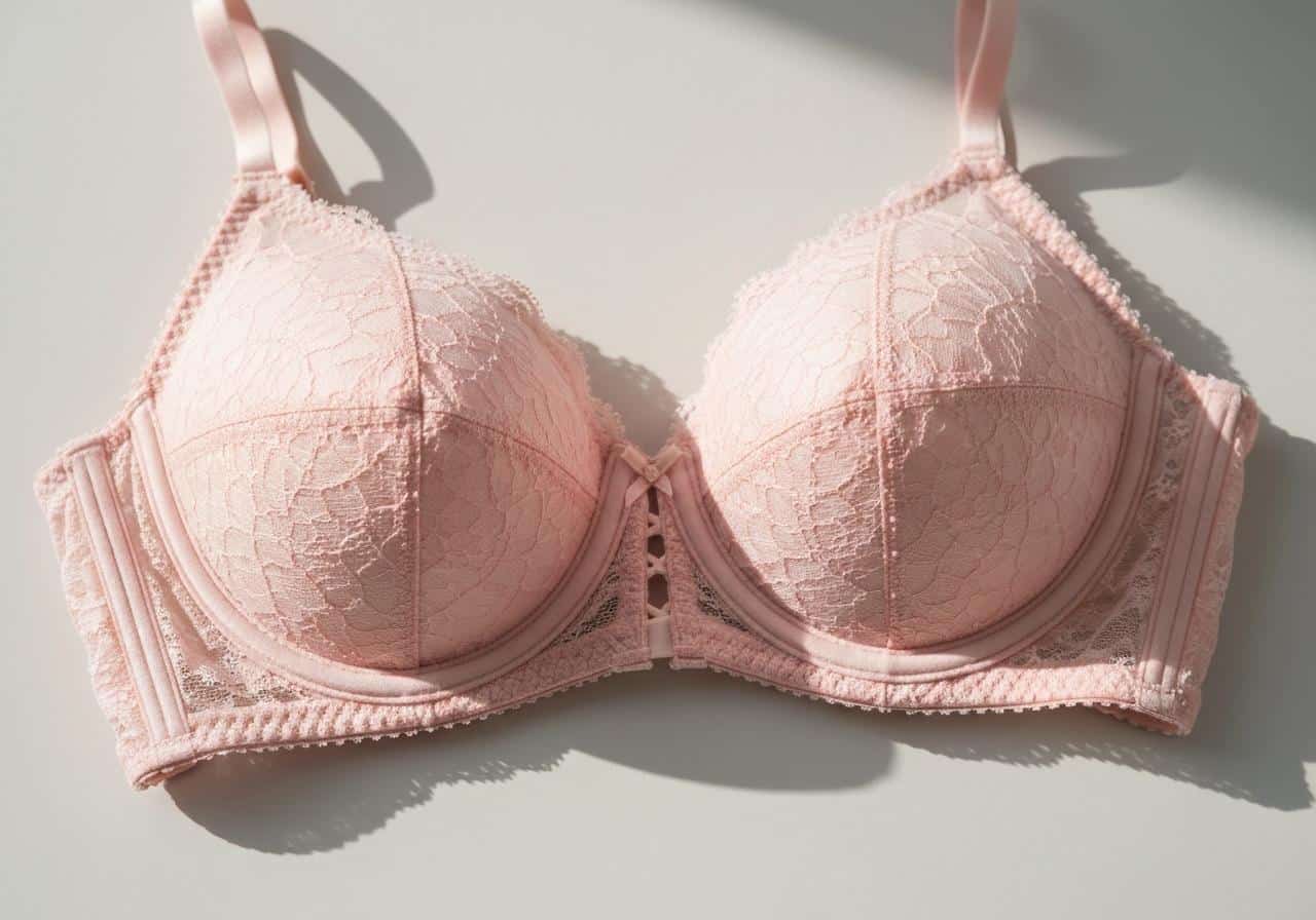 Soutien-gorge en soie rose posé sur surface blanche
