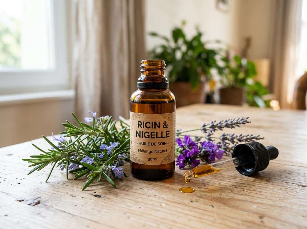 Flacon d'huiles de ricin et nigelle avec romarin