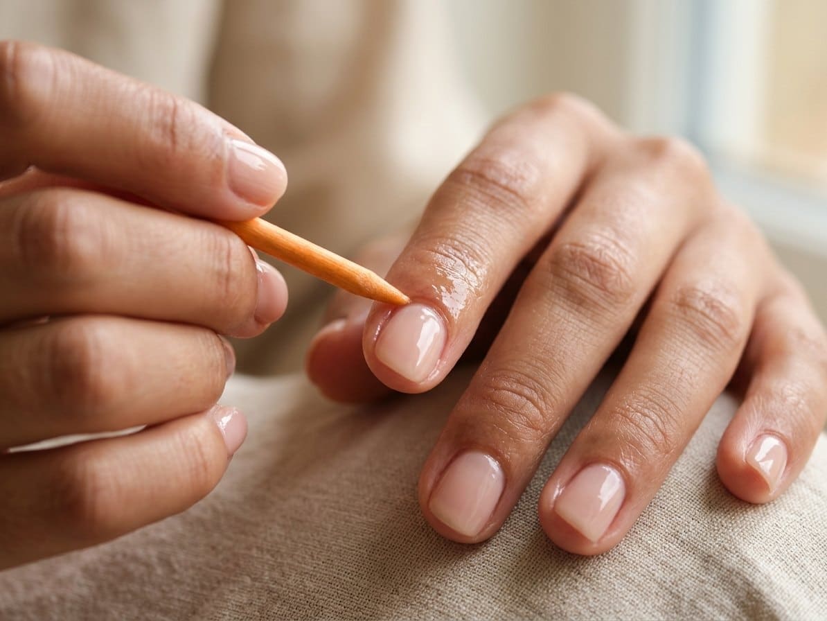 Repoussage doux d'une cuticule à l'aide d'un bâtonnet en bois après application d'huile