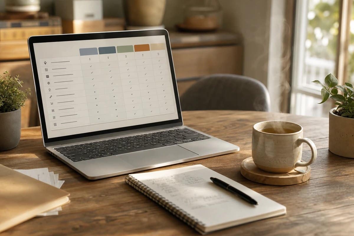 Ordinateur portable, tasse fumante et carnet