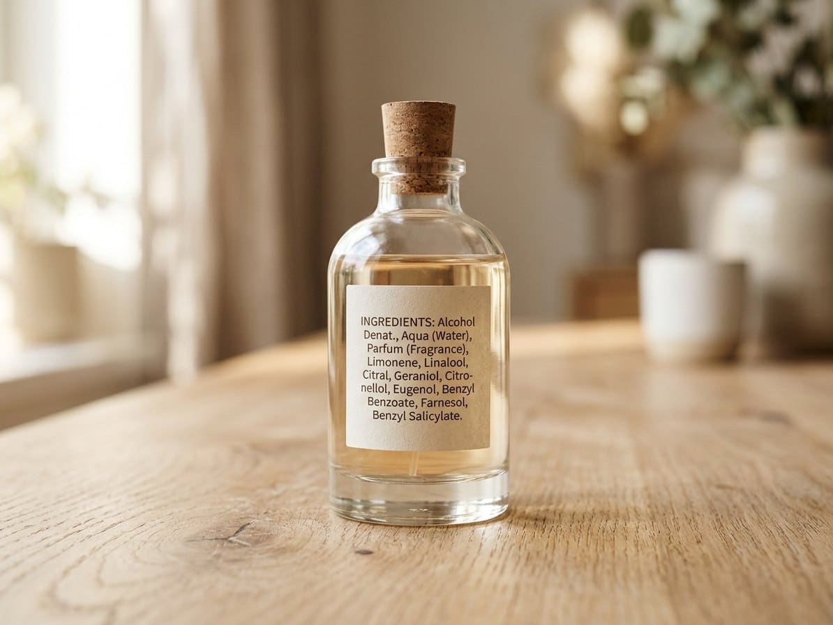 Flacon de parfum avec étiquette d'ingrédients visible, gros plan