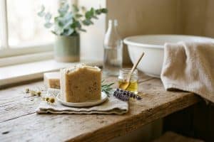Savon artisanal sur table en bois