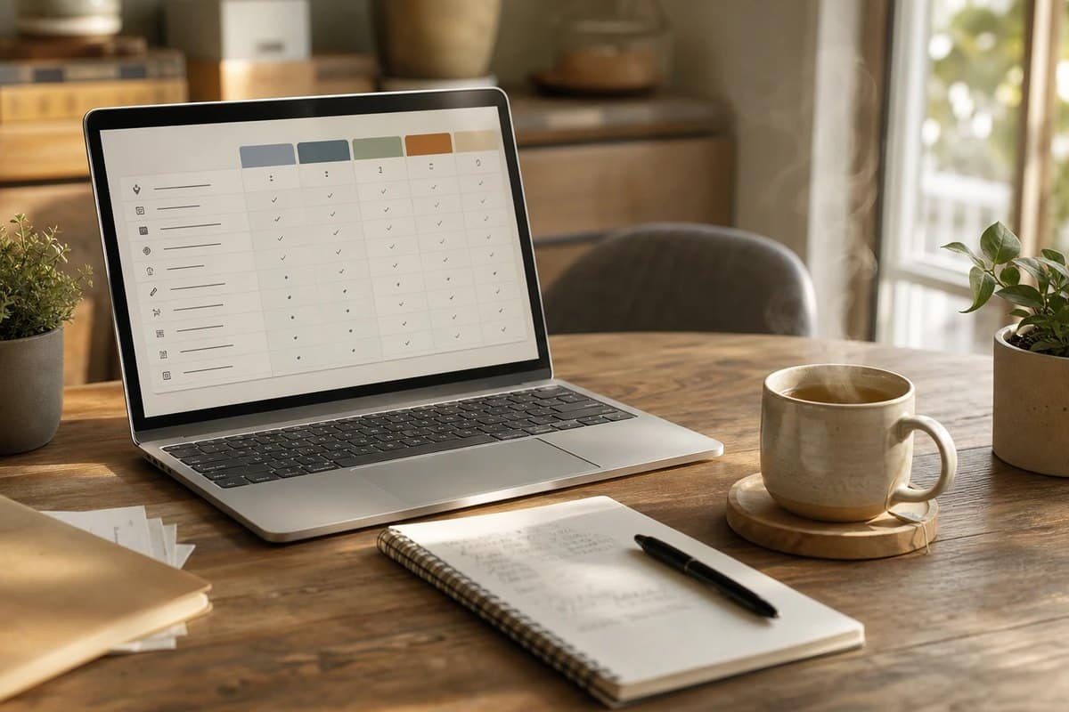 Ordinateur portable, tasse fumante et carnet